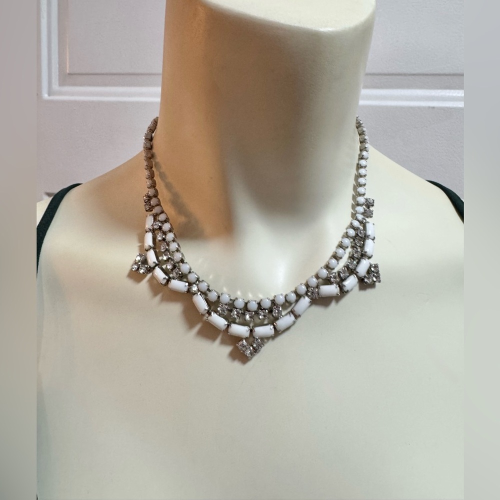 Vintage Milk Glass Rhinestone Bib Necklace Mid Century - Bridal, Formal, Prom